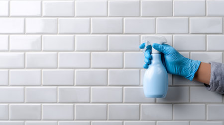 A person with a gloved hand holds a spray bottle while cleaning a glossy tiled wall. The setting showcases fresh, white tiles that gleam under natural light.の素材