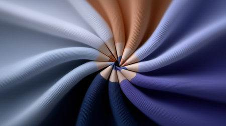 Richly colored fabric textures twist together in a vibrant swirl, showcasing a variety of hues. The dynamic arrangement highlights the softness and unique patterns of each fabric section.の素材