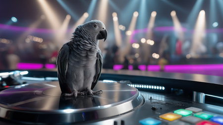 A parrot perches on a DJ turntable surrounded by colorful lights and a buzzing crowd. The lively atmosphere reflects the excitement of a nighttime music event.の素材