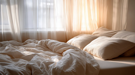 Soft, rumpled sheets and pillows create a serene atmosphere in a sunlit room. Natural light filters through sheer curtains, inviting relaxation and peace.の素材