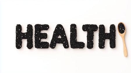 Black beans are arranged to spell the word health on a clean white surface. A small wooden spoon rests next to the letters, highlighting a focus on nutrition and wellness.の素材