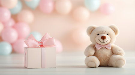 A soft teddy bear with a smiling face sits beside a wrapped gift box adorned with a pink ribbon, creating a warm and inviting atmosphere perfect for celebrations or nursery decor.の素材