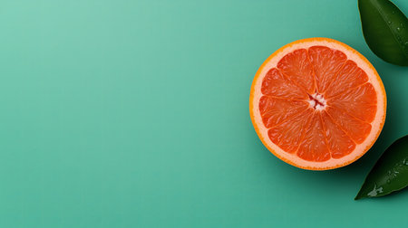Bright orange fruit is cut in half revealing juicy segments, placed on a smooth green surface. Green leaves add a fresh touch to the vibrant composition.の素材