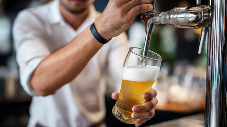A bartender is expertly pouring a cold beer into a glass at a bustling bar during the evening, with patrons enjoying their drinks and conversation in the background.の素材