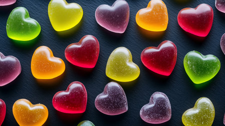 Brightly colored heart-shaped gummy candies in various flavors are displayed on a dark surface, creating an eye-catching pattern perfect for sweet treats or festive celebrations.の素材