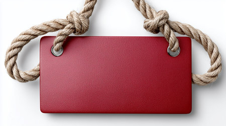 A red rectangular signboard is suspended by a thick rope in a simple, uncluttered environment. The sign's smooth surface contrasts with the textured rope, highlighting its vibrant color.の素材