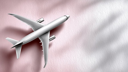 A model airplane is positioned on a soft, textured surface, casting gentle shadows. The minimalistic scene emphasizes the sleek design of the aircraft and its color contrast.の素材