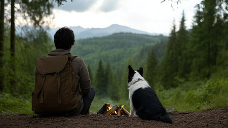 A person sits by a campfire with their dog, gazing at breathtaking mountains. The serene setting captures the beauty of nature. Clouds grace the sky as twilight approaches.の素材