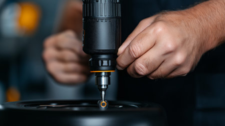 A person operates a power drill, focusing on a small mechanical part. The setting is a workshop filled with tools, showcasing a craftsman engaged in hands-on assembly work.の素材