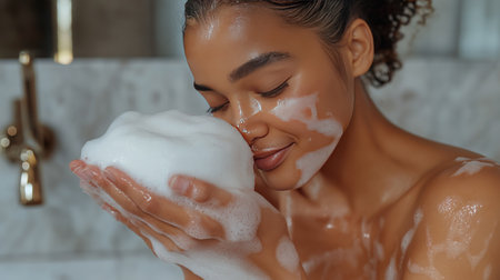 A young woman joyfully embraces a handful of foam during her skincare routine. Sunlight filters through the bathroom, creating a peaceful and refreshing atmosphere.の素材