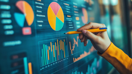 A person is using a yellow pen to interact with a digital display filled with colorful charts and graphs. The background reflects a modern office environment during the day.の素材
