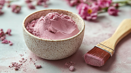 A bowl filled with soft pink face powder sits on a light surface beside a wooden brush. Delicate flowers and powder spills enhance the tranquil, natural atmosphere of the arrangement.の素材