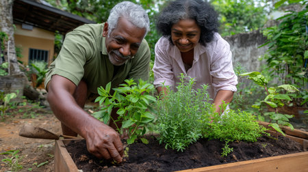 An elderly couple is happily planting herbs in a wooden garden box. They are enjoying their time together amid lush green surroundings on a sunny afternoon.の素材