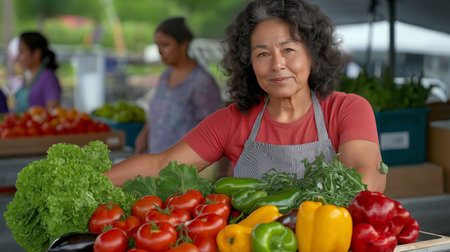 Smiling woman at a fresh produce market showcasing vibrant vegetablesの素材