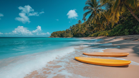 Bright yellow surfboards resting on a sandy beach under a clear blue skyの素材