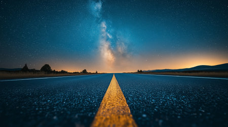 Endless road under a starry sky at night in a tranquil landscapeの素材