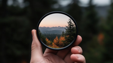 Hand holding lens reflecting forest landscape at sunset in the mountainsの素材