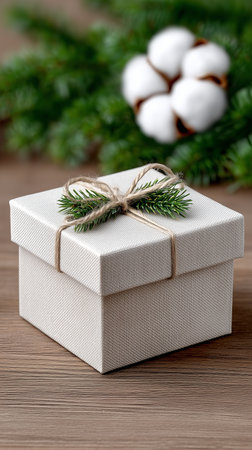 A small, elegantly wrapped gift box sits on a wooden table. Its natural decorations include twine and a fresh green sprig. The background features soft greenery and cotton blooms.の素材