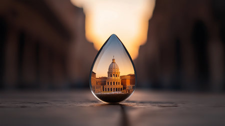 A clear water droplet rests on a stone surface, reflecting a historic building at sunset. The warm colors of the sky enhance the beauty of the scene, creating a serene atmosphere.の素材