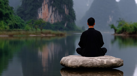 A person sits in a meditative pose on a rock in the middle of a tranquil river. Mist hovers over the water and mountains create a peaceful backdrop during early morning light.の素材