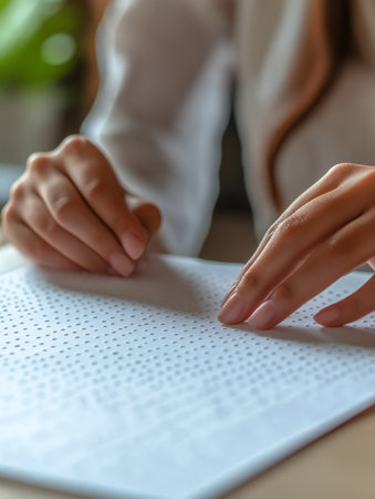 A person attentively reading braille text on paper with both hands. The setting is a bright, cozy room filled with greenery, showcasing a quiet moment of focus.の素材