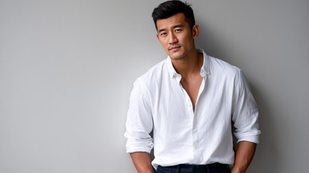 A man stands casually against a light gray wall, wearing a white, unbuttoned shirt. His relaxed pose and confident smile create a striking and approachable atmosphere.の素材