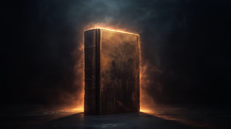 A book stands alone in an atmospheric setting, illuminated by a glowing light that highlights its aged cover. The dark background enhances the mystique of the scene.の素材