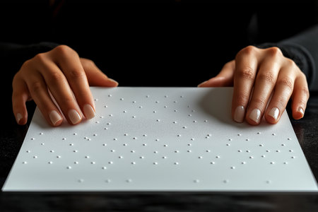 Two hands gently touch a sheet of paper with raised dots, indicating the process of creating tactile reading materials for individuals with visual impairments. This activity promotes accessibility.の素材