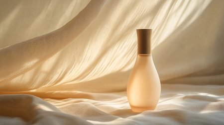 A delicate perfume bottle sits on smooth fabric, gently illuminated by warm, soft light. The background features flowing drapes, creating a serene and tranquil atmosphere.の素材