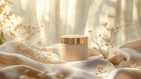 A beautifully crafted skincare container rests on a gently draped fabric, surrounded by delicate flowers. The soft glow of natural light highlights its simplicity and elegance.の素材