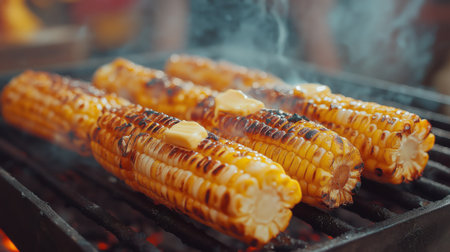 Ears of corn are carefully grilled over an outdoor fire, releasing enticing smoke and flavor. Butter melts on the hot corn, making it a delicious treat at the summer barbecue.の素材
