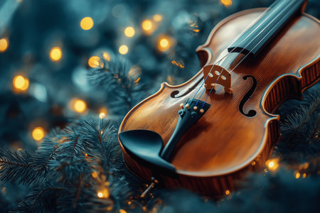 A beautifully crafted violin lies on lush pine branches adorned with warm glowing lights, creating a cozy and festive atmosphere. Ideal for holiday celebrations and music lovers.の素材