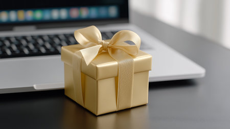 A small golden gift box sits beside a laptop on a modern desk. The warm light streams in, creating a cozy atmosphere perfect for remote work or celebration.の素材