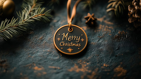 A beautifully crafted round ornament inscribed with 'Merry Christmas' rests on a textured surface. Surrounding it are pine branches, a star anise, and a pine cone, evoking a cozy holiday atmosphere.の素材