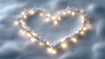 A heart shape made from twinkling lights lies on a blanket of soft snow. The scene captures a cozy, festive vibe, perfect for romantic winter celebrations.の素材