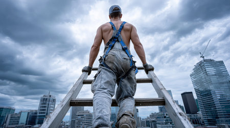 A construction worker ascends a wooden ladder on a city rooftop, surrounded by skyscrapers and under a dark, cloudy sky, preparing for work amidst the impending storm.の素材