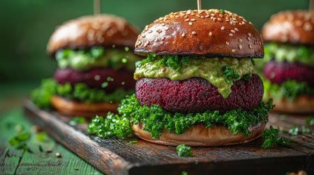 A vibrant burger features a hearty patty made from vegetables, crowned with mashed avocado. Served on a toasted sesame bun, it showcases fresh greens and a rustic ambiance.の素材