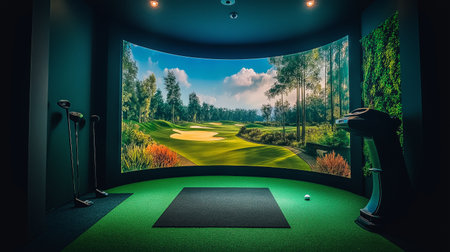 A modern golf simulator setup showcases a large display of a scenic outdoor golf course, complete with lush greenery and blue skies. The dimly lit space offers an immersive experience for golfers.の素材