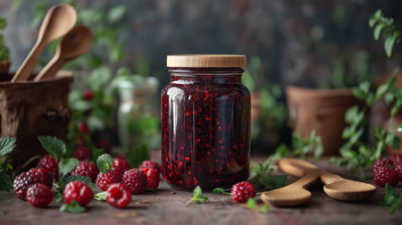 Freshly made raspberry jam is displayed in a glass jar, accompanied by vibrant raspberries and herbs, on a rustic wooden table. This setup highlights the joy of homemade preserves.の素材