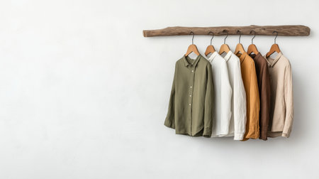 A range of stylish linen shirts and cotton trousers is neatly hanging on a wooden rod against a light wall, creating a fashionable display in a modern boutique setting.の素材