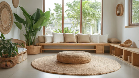 The interior showcases a minimalist design with soft natural light, wooden furniture, and plant accents, providing a peaceful and inviting atmosphere for relaxation.の素材