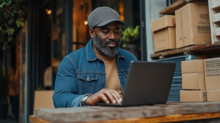 A man wearing a cap and denim jacket sits at a table outside a local shop. He is focused on his laptop, completing an online order for his small business.の素材