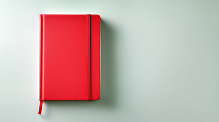 This bright red notebook is placed on a smooth, light-colored surface. Soft natural light highlights the texture, showcasing its elegant design and vibrant color.の素材