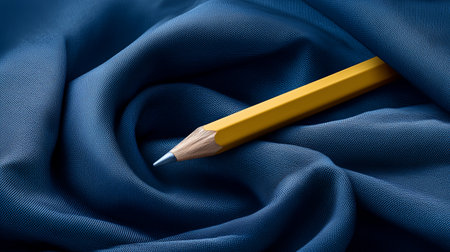A bright yellow pencil lies on soft, dark blue fabric, showcasing a blend of color and texture. This cozy arrangement invites creativity and focus in any workspace.の素材