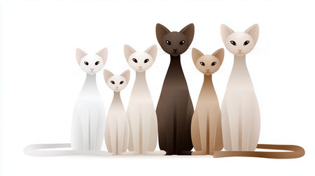 A group of seven cartoon cats stands side by side, showcasing a range of colors and designs. The cats appear playful and friendly, creating a whimsical atmosphere.の素材
