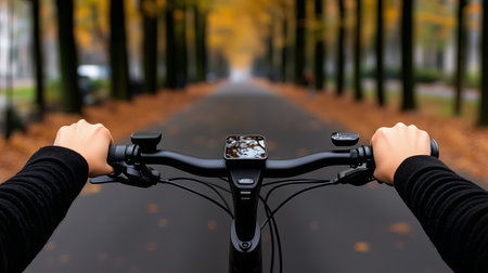 Two hands grip the handlebars of a bicycle, navigating a quiet, tree-lined path. Golden leaves hint at autumn's arrival while the sun filters through branches.の素材