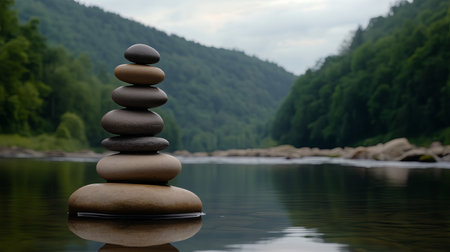 Tall stack of smooth stones balanced on a larger stone in a peaceful river. Lush hills frame the scene under a cloudy sky, creating a tranquil atmosphere in nature.の素材