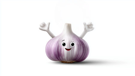 A cheerful garlic character stands with arms raised, showcasing a smiling face. The character has purple and white hues, creating a fun and playful atmosphere.の素材