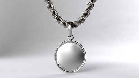 A silver pendant hangs from a twisted rope chain, reflecting light. The smooth, circular design showcases its polished surface, highlighting elegant simplicity and craftsmanship.の素材