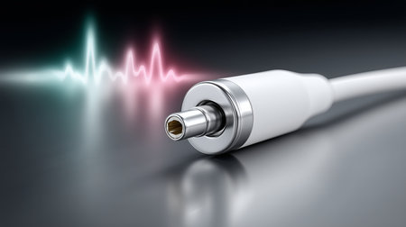 A close-up view of an audio cable connector on a sleek surface, with colorful sound wave patterns in the background, highlighting the importance of sound technology in communication.の素材